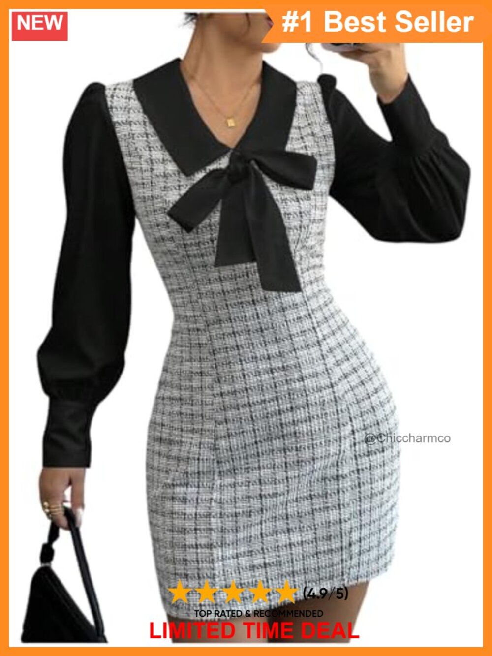 Elegant Plaid Tweed 2-in-1 Mini Dress Bow Front Lantern Sleeve Collared